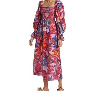Farm Rio "Colorful Bananas" Pink, Violet, Blue Print Off the Shoulder Midi Dress